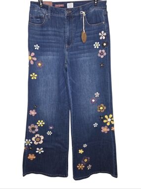 Driftwood Carlie Wide Leg Embroidered Retro Flower Womens Denim Jeans Size 14NWT